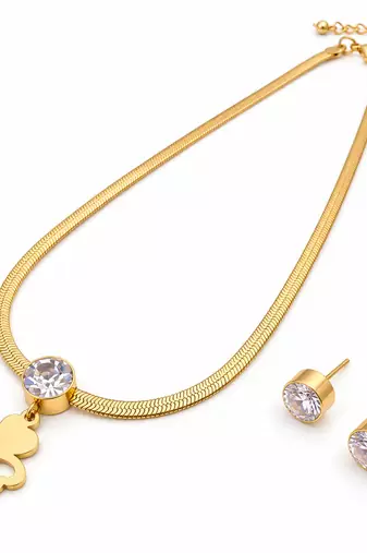 Anti-Tarnish Golden Clover Charm Necklace Set with Sparkling Crystal Pendant and Matching Stud Earrings