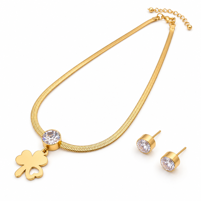 Anti-Tarnish Golden Clover Charm Necklace Set with Sparkling Crystal Pendant and Matching Stud Earrings