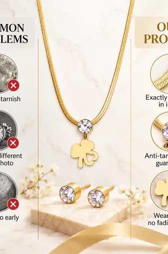 Anti-Tarnish Golden Clover Charm Necklace Set with Sparkling Crystal Pendant and Matching Stud Earrings