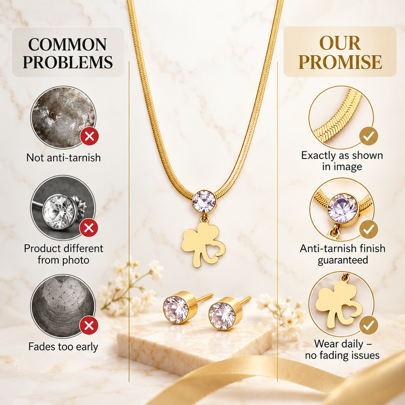 Anti-Tarnish Golden Clover Charm Necklace Set with Sparkling Crystal Pendant and Matching Stud Earrings