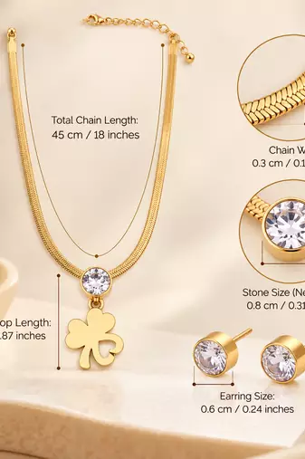 Anti-Tarnish Golden Clover Charm Necklace Set with Sparkling Crystal Pendant and Matching Stud Earrings