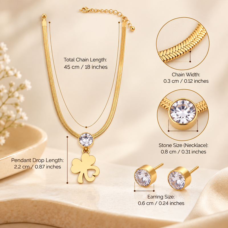 Anti-Tarnish Golden Clover Charm Necklace Set with Sparkling Crystal Pendant and Matching Stud Earrings