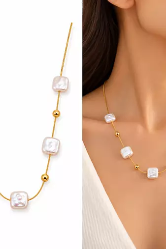 Anti-Tarnish Elegant Golden Chain with Premium Square White Pearl Accents