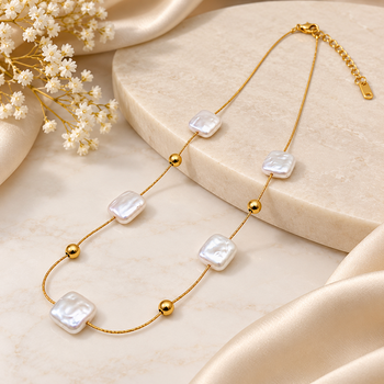 Anti-Tarnish Elegant Golden Chain with Premium Square White Pearl Accents 2