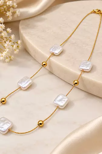 Anti-Tarnish Elegant Golden Chain with Premium Square White Pearl Accents