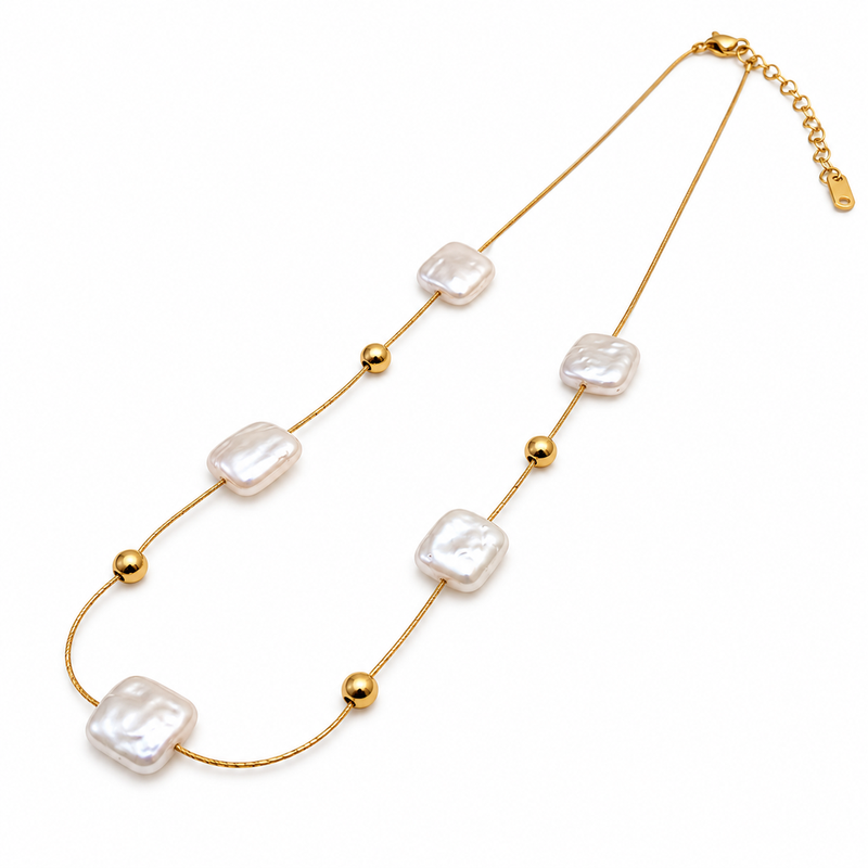 Anti-Tarnish Elegant Golden Chain with Premium Square White Pearl Accents