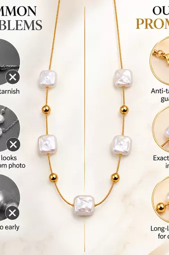 Anti-Tarnish Elegant Golden Chain with Premium Square White Pearl Accents