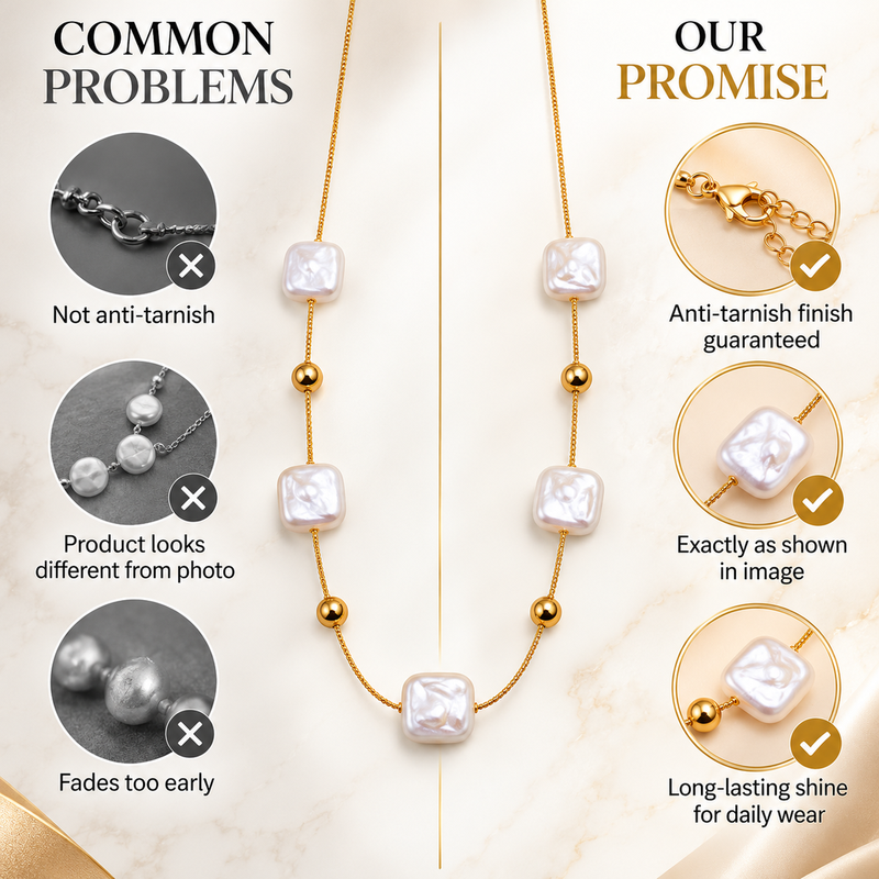 Anti-Tarnish Elegant Golden Chain with Premium Square White Pearl Accents