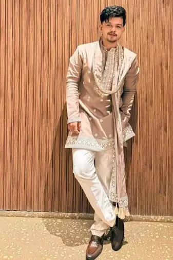 Men's beige silk blend embroidered – stylish festive ethnic wear