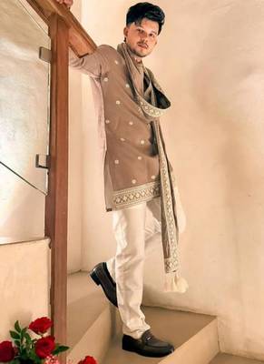 Men's beige silk blend embroidered – stylish festive ethnic wear 2
