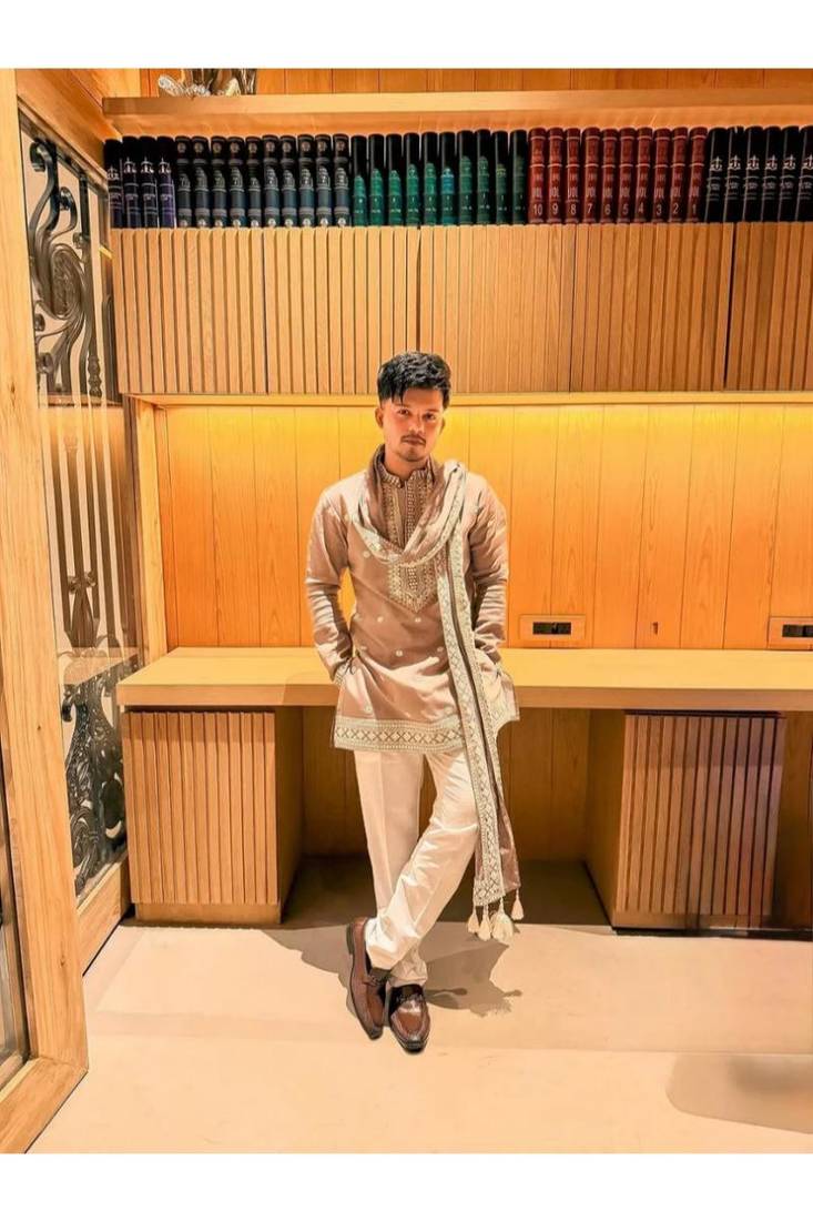 Men's beige silk blend embroidered – stylish festive ethnic wear