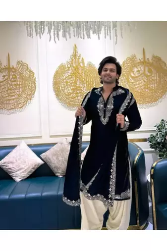 Men's navy blue silk blend embroidered – stylish festive ethnic wear