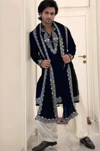 Men's navy blue silk blend embroidered – stylish festive ethnic wear