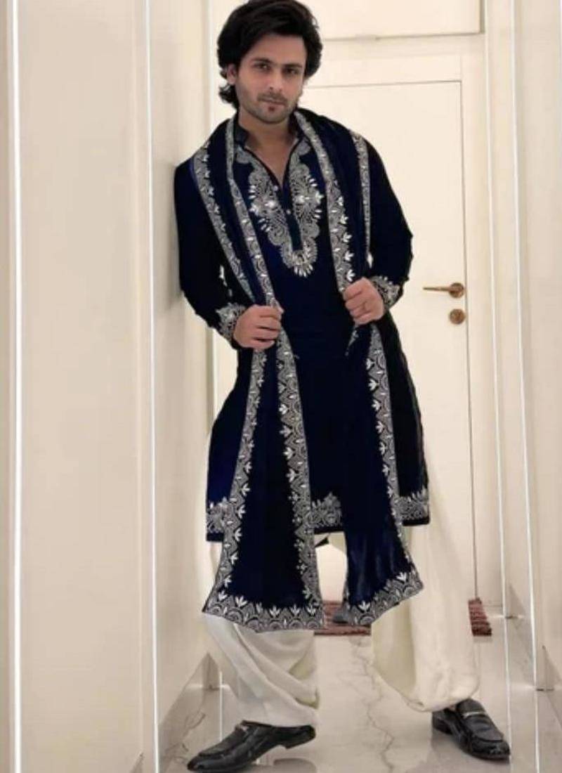 Men's navy blue silk blend embroidered – stylish festive ethnic wear