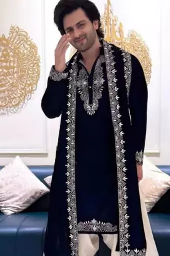 Men's navy blue silk blend embroidered – stylish festive ethnic wear