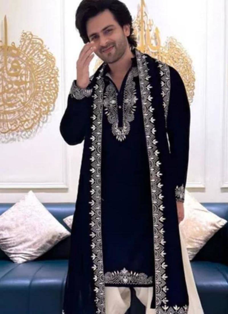Men's navy blue silk blend embroidered – stylish festive ethnic wear