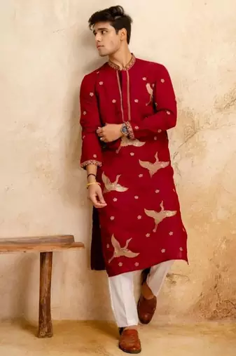 Men's red chanderi silk embroidered – stylish festive ethnic wear
