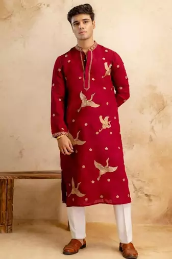 Men's red chanderi silk embroidered – stylish festive ethnic wear