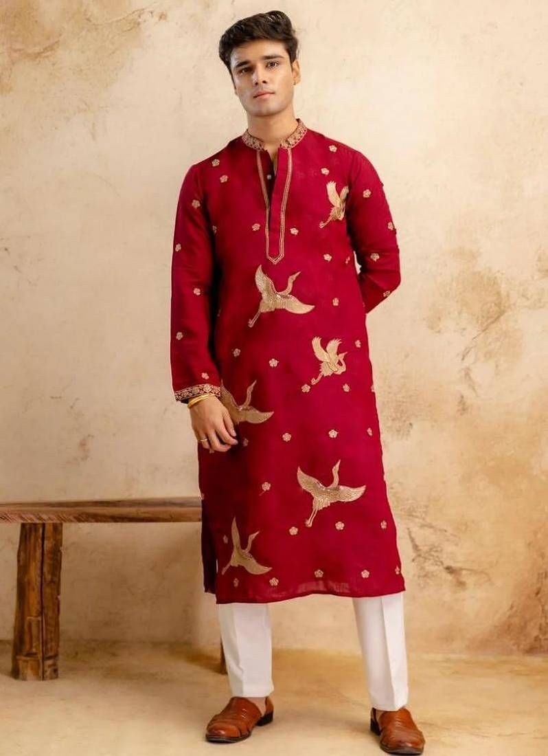 Men's red chanderi silk embroidered – stylish festive ethnic wear