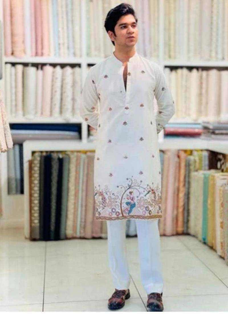 Men's white viscose rayon embroidered – stylish festive ethnic wear
