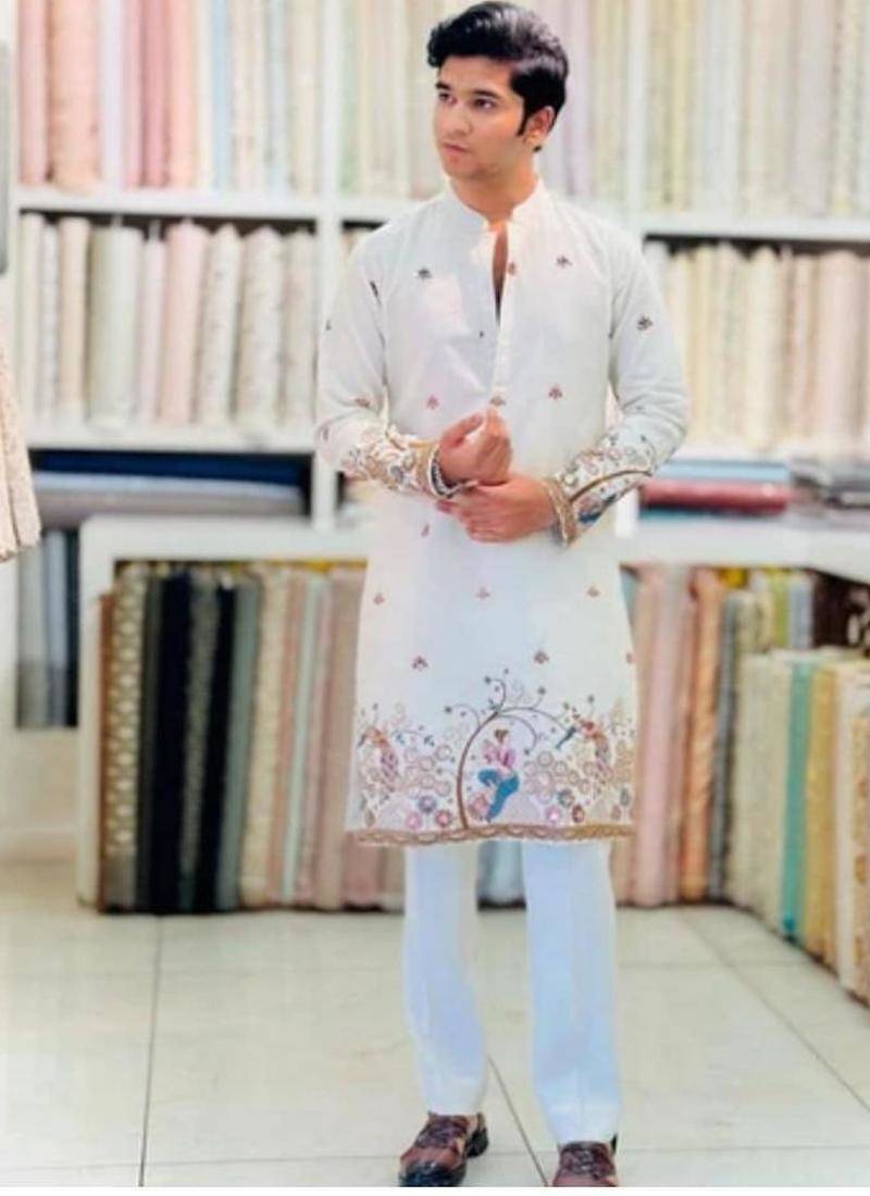 Men's white viscose rayon embroidered – stylish festive ethnic wear