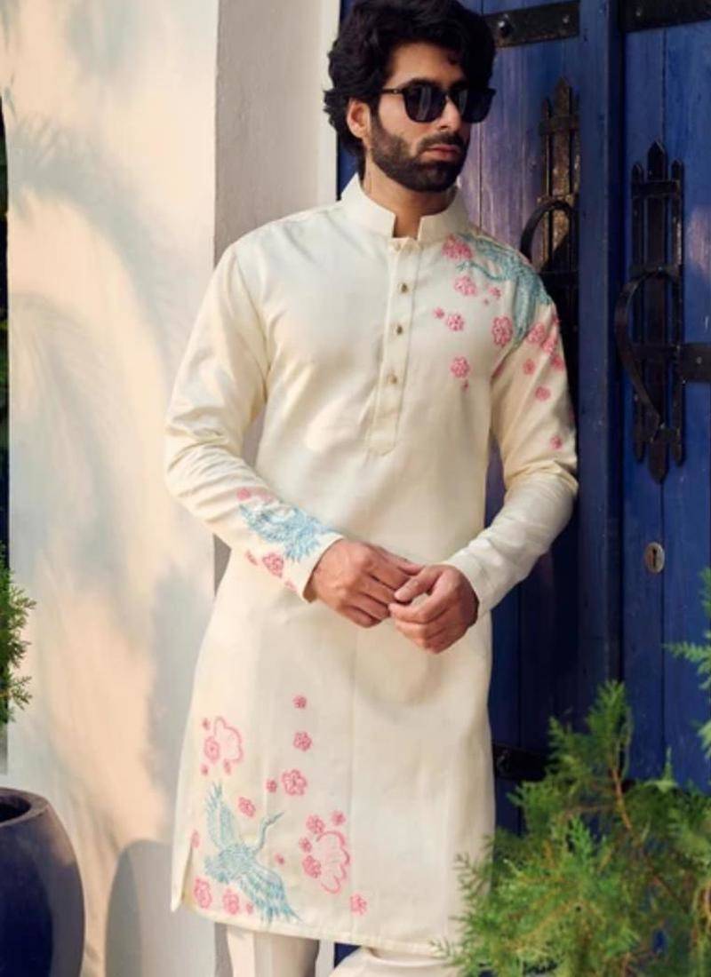 Men's white viscose rayon embroidered – stylish festive ethnic wear