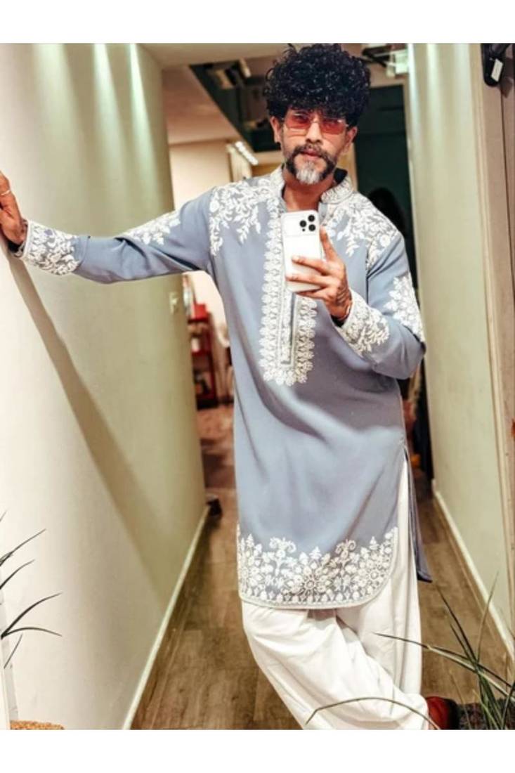 Men's blue silk blend embroidered – stylish festive ethnic wear