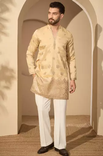 Men’s cream silk blend kurta with solid embroidered | trendy ethnic wear for festive, wedding & party occasions