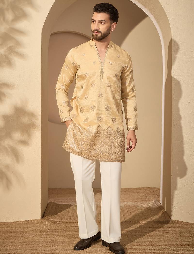 Men’s cream silk blend kurta with solid embroidered | trendy ethnic wear for festive, wedding & party occasions