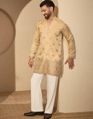 Men’s cream silk blend kurta with solid embroidered | trendy ethnic wear for festive, wedding & party occasions 1