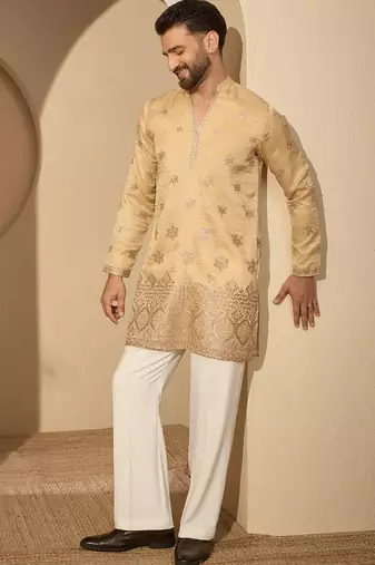 Men’s cream silk blend kurta with solid embroidered | trendy ethnic wear for festive, wedding & party occasions