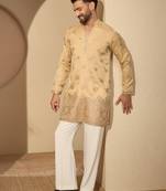 Men’s cream silk blend kurta with solid embroidered | trendy ethnic wear for festive, wedding & party occasions