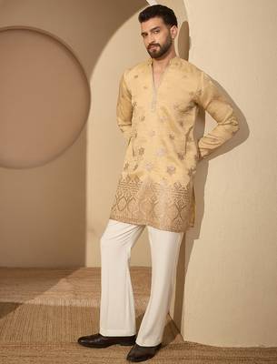Men’s cream silk blend kurta with solid embroidered | trendy ethnic wear for festive, wedding & party occasions 3