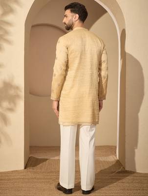 Men’s cream silk blend kurta with solid embroidered | trendy ethnic wear for festive, wedding & party occasions 4