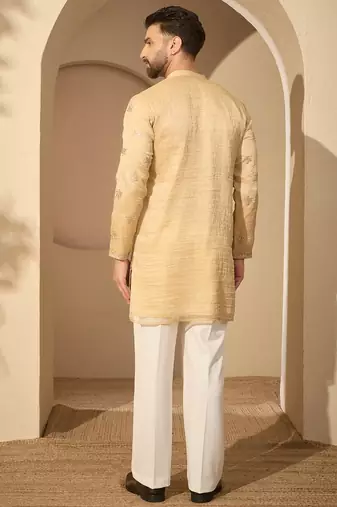 Men’s cream silk blend kurta with solid embroidered | trendy ethnic wear for festive, wedding & party occasions