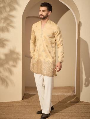 Men’s cream silk blend kurta with solid embroidered | trendy ethnic wear for festive, wedding & party occasions 5
