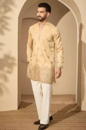 Men’s cream silk blend kurta with solid embroidered | trendy ethnic wear for festive, wedding & party occasions
