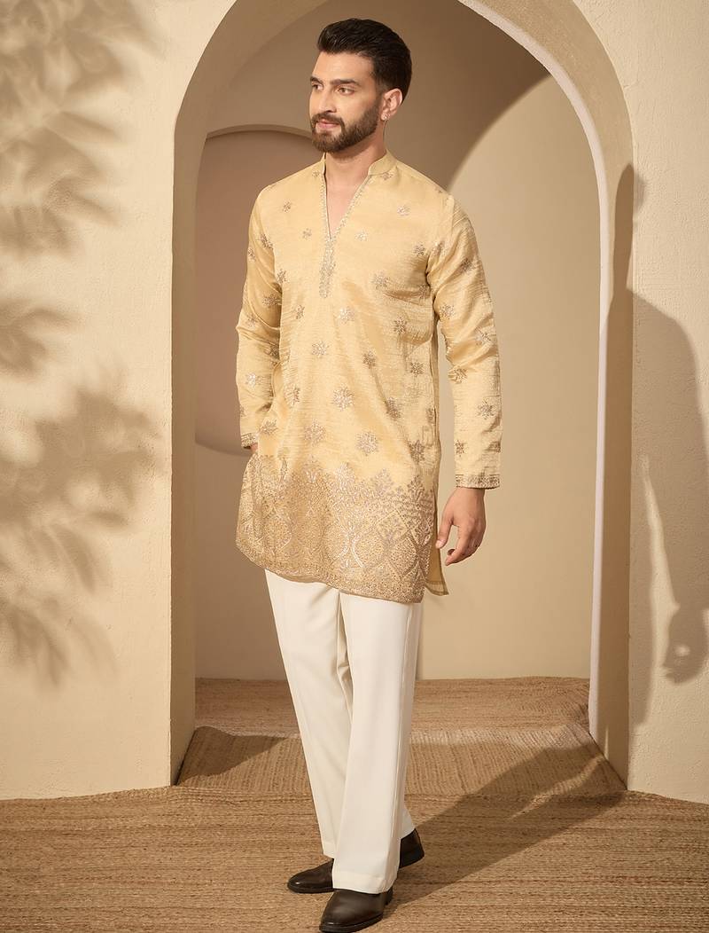 Men’s cream silk blend kurta with solid embroidered | trendy ethnic wear for festive, wedding & party occasions