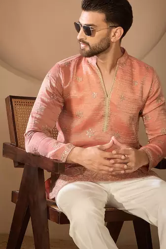 Men’s rust silk blend kurta with solid embroidered | trendy ethnic wear for festive, wedding & party occasions