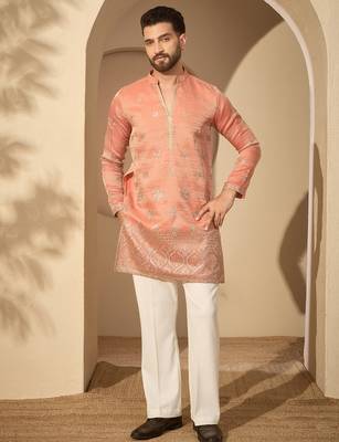 Men’s rust silk blend kurta with solid embroidered | trendy ethnic wear for festive, wedding & party occasions 3