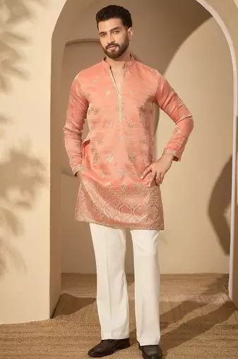 Men’s rust silk blend kurta with solid embroidered | trendy ethnic wear for festive, wedding & party occasions