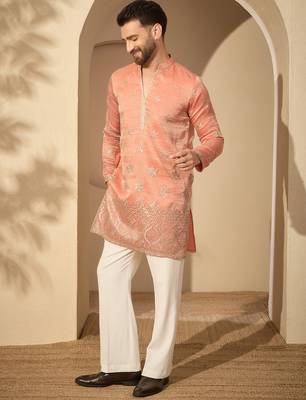 Men’s rust silk blend kurta with solid embroidered | trendy ethnic wear for festive, wedding & party occasions 1