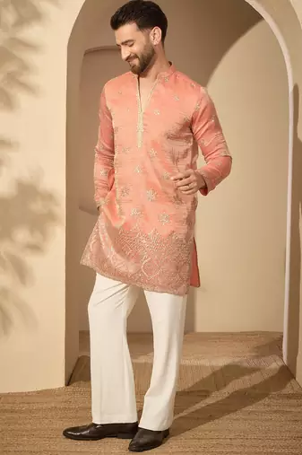 Men’s rust silk blend kurta with solid embroidered | trendy ethnic wear for festive, wedding & party occasions