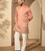 Men’s rust silk blend kurta with solid embroidered | trendy ethnic wear for festive, wedding & party occasions