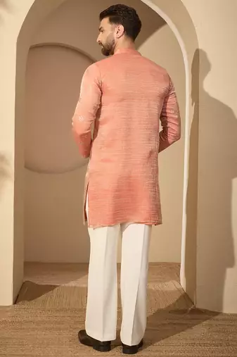Men’s rust silk blend kurta with solid embroidered | trendy ethnic wear for festive, wedding & party occasions