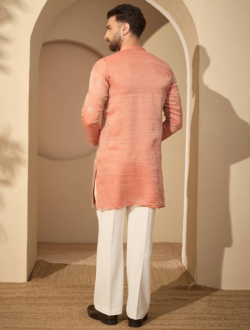 Men’s rust silk blend kurta with solid embroidered | trendy ethnic wear for festive, wedding & party occasions