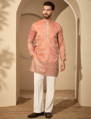 Men’s rust silk blend kurta with solid embroidered | trendy ethnic wear for festive, wedding & party occasions 5