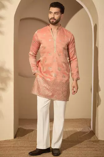 Men’s rust silk blend kurta with solid embroidered | trendy ethnic wear for festive, wedding & party occasions