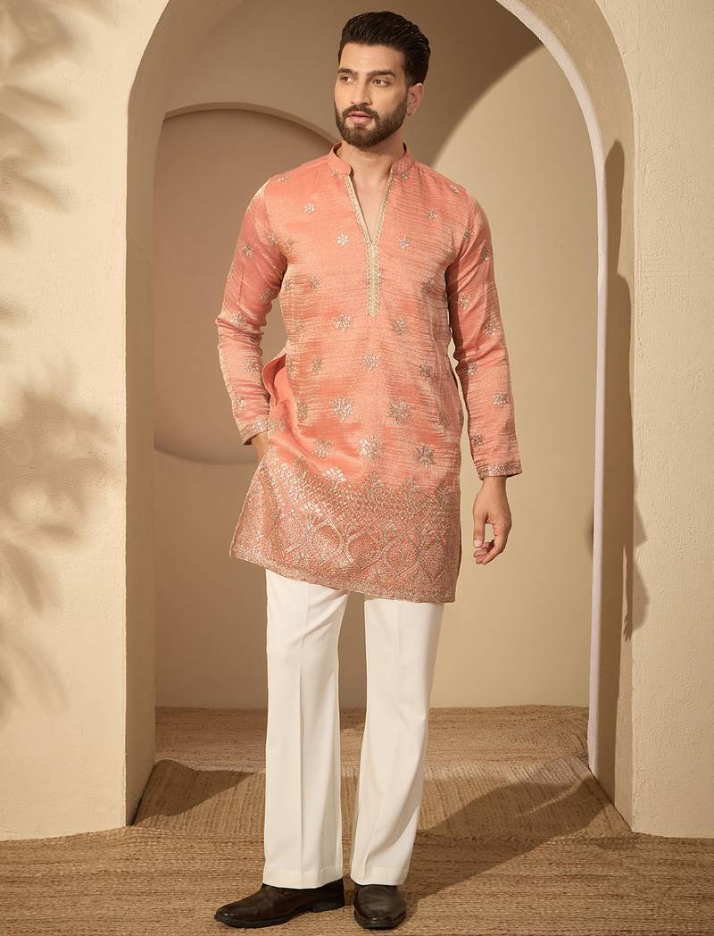 Men’s rust silk blend kurta with solid embroidered | trendy ethnic wear for festive, wedding & party occasions