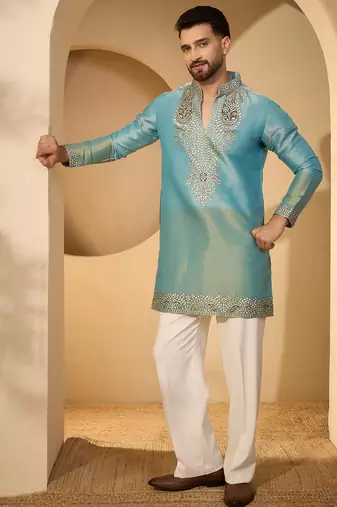 Men’s blue silk blend kurta with solid embroidered | trendy ethnic wear for festive, wedding & party occasions